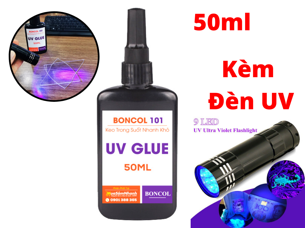 Keo Uv Trong Suốt Dán Kính, Dán Mica Inox Boncol 101 Tặng Đèn UV 50ml
