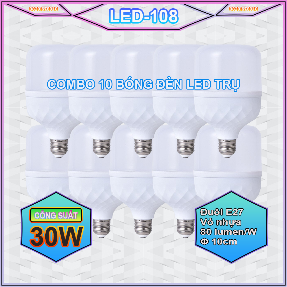 Combo 10 bóng đèn LED trụ tròn 30W - ánh sáng trắng siêu sáng tiết kiệm điện (mẫu mới 2023 - đường kính 10cm - bảo hành 1 năm)