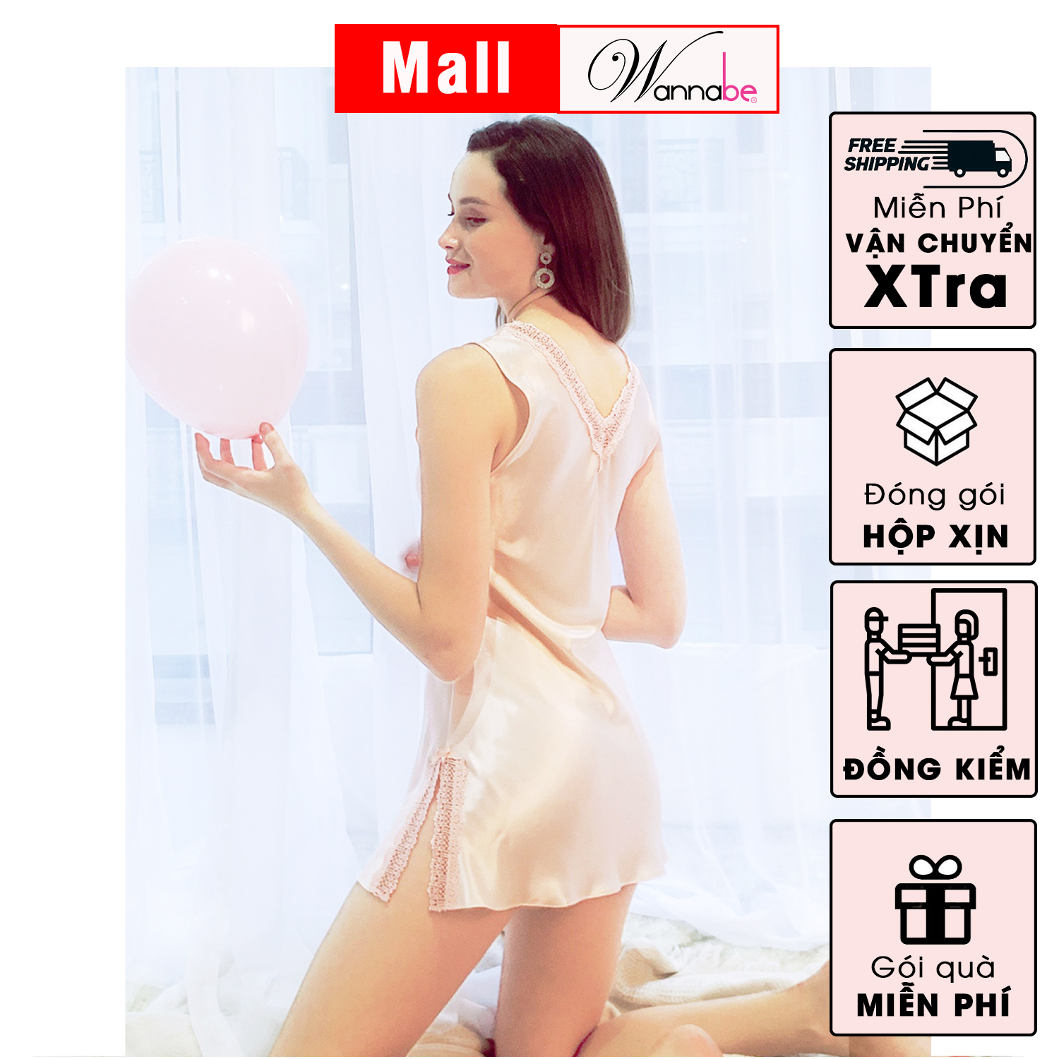 Đầm ngủ phi lụa wannabe dns11 cổ tim phối ren nữ tính nhẹ nhàng