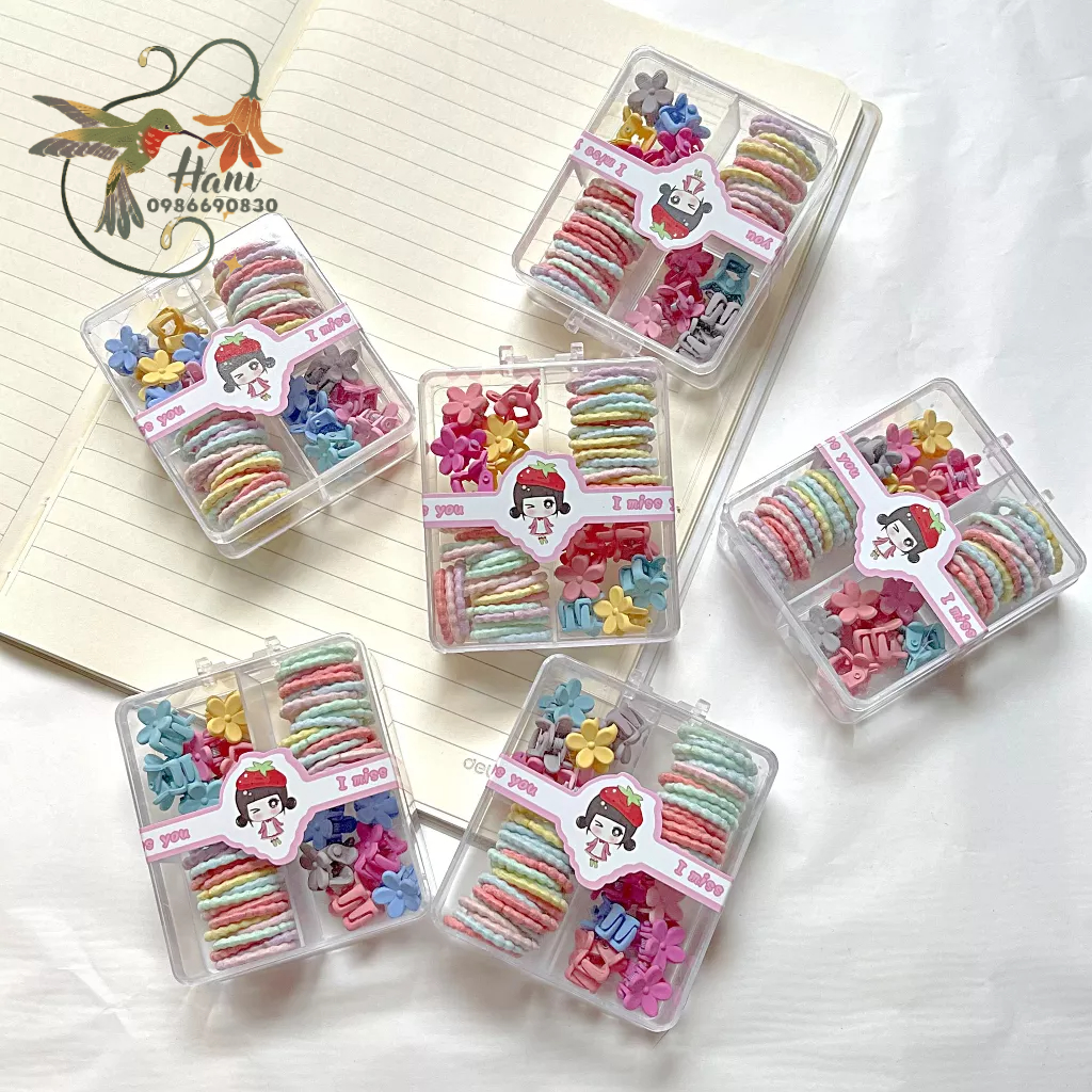 Set Hộp 40 Dây Cột và 12 Kẹp Tóc Cho Bé