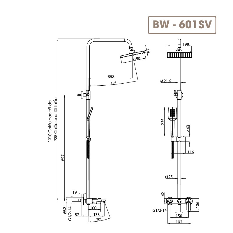[CHÍNH HÃNG] Sen tắm đứng nóng lạnh Basic BW-601SV Chất liệu Đồng Mạ