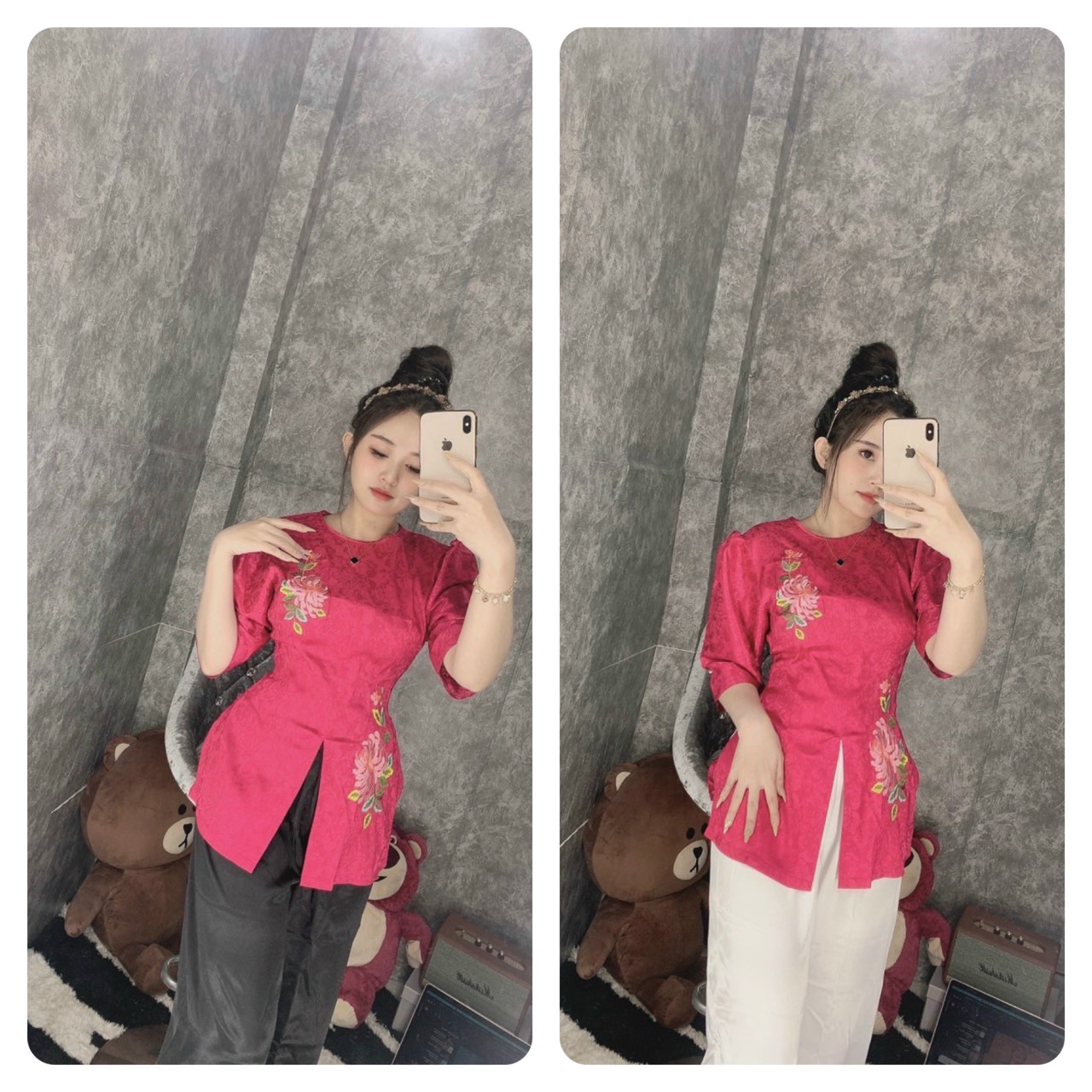 Áo bà ba cách tân lụa gấm dây kéo