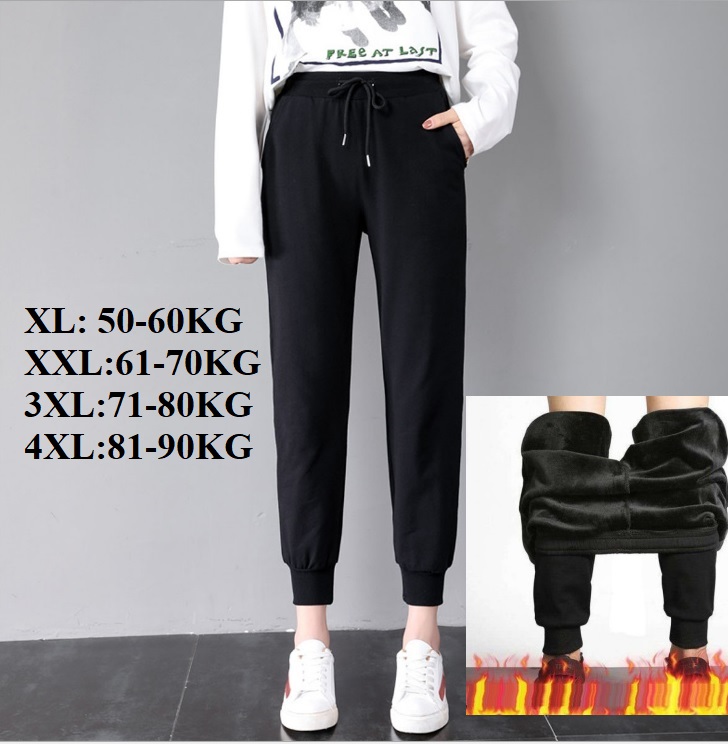Quần Jogger Lông Nữ, Bigsize tới 90KG, vải Nỉ Lót Lông Dày ấm áp, Kiểu dáng thể thao khỏe mạnh, màu đen, joger big size over size