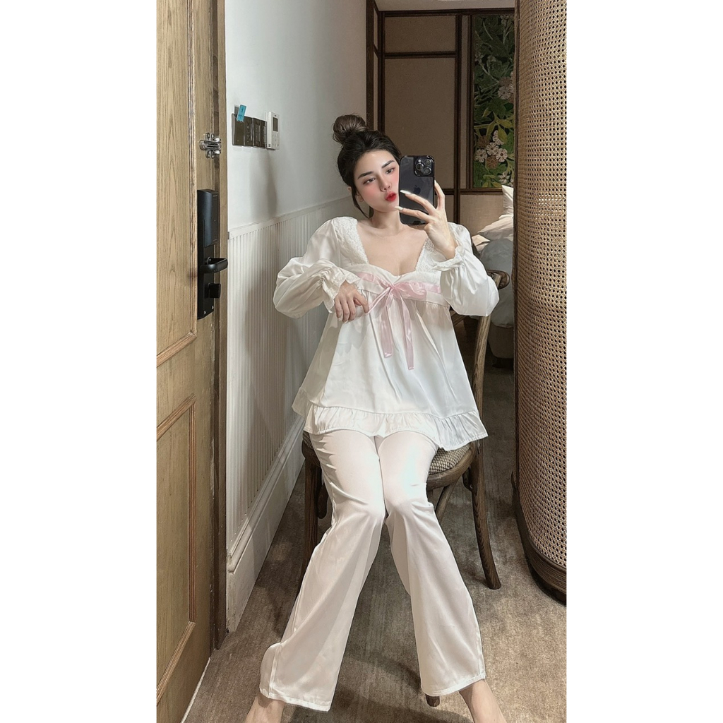 Đồ bộ tiểu thư cổ U nơ lụa latin - Hàng thiết kế