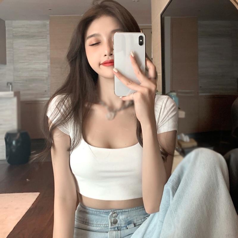 Áo thun cổ u tay ngắn thời trang nữ thunca.store, áo croptop cổ chữ u