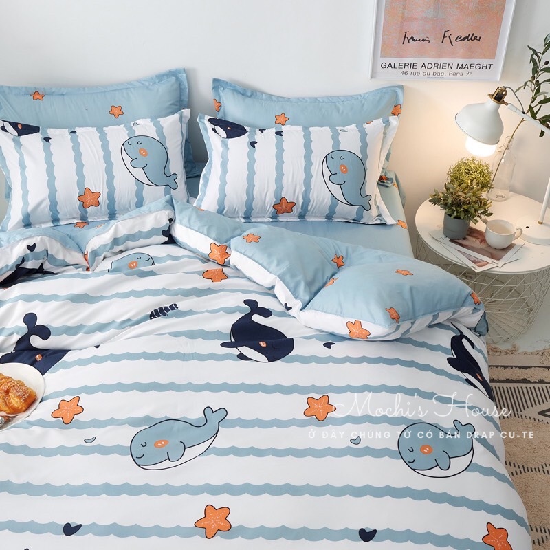 [VẢI SIÊU ĐẸP] BỘ CHĂN GA GỐI COTON POLY MẪU CÁ VOI SIÊU XINH