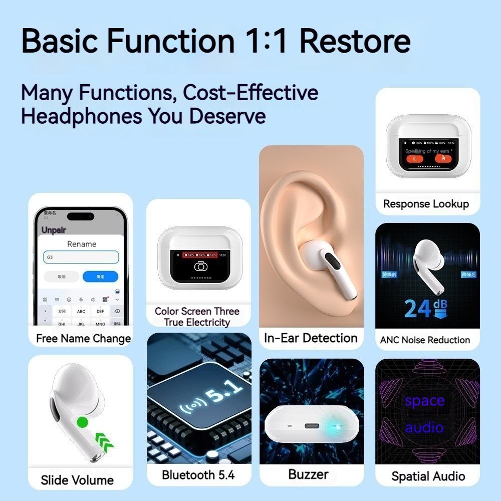 Polvcdg-A9 Pro Full-Color Touch Screen Bluetooth Headset Multi-Kinetic Lcd Screen ABC/ENC Dual Noise Reduction In-Ear Headset