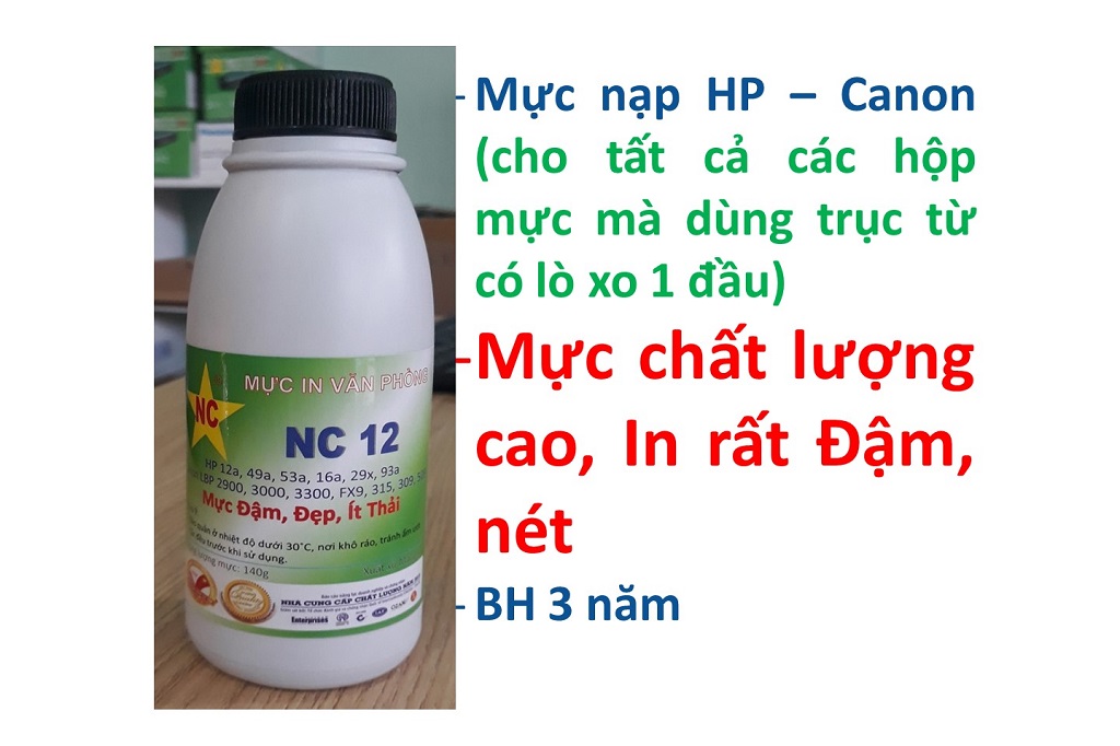 Chai mực nạp Hp, Canon in rất đậm, ít thải: Canon LBP 3300, 2900, 3000, 3500, HP 12a, 49a, 53a, 16a, 93a (140gr). Là bình, hủ mực bơm, đổ cho hộp mực máy in 140gr