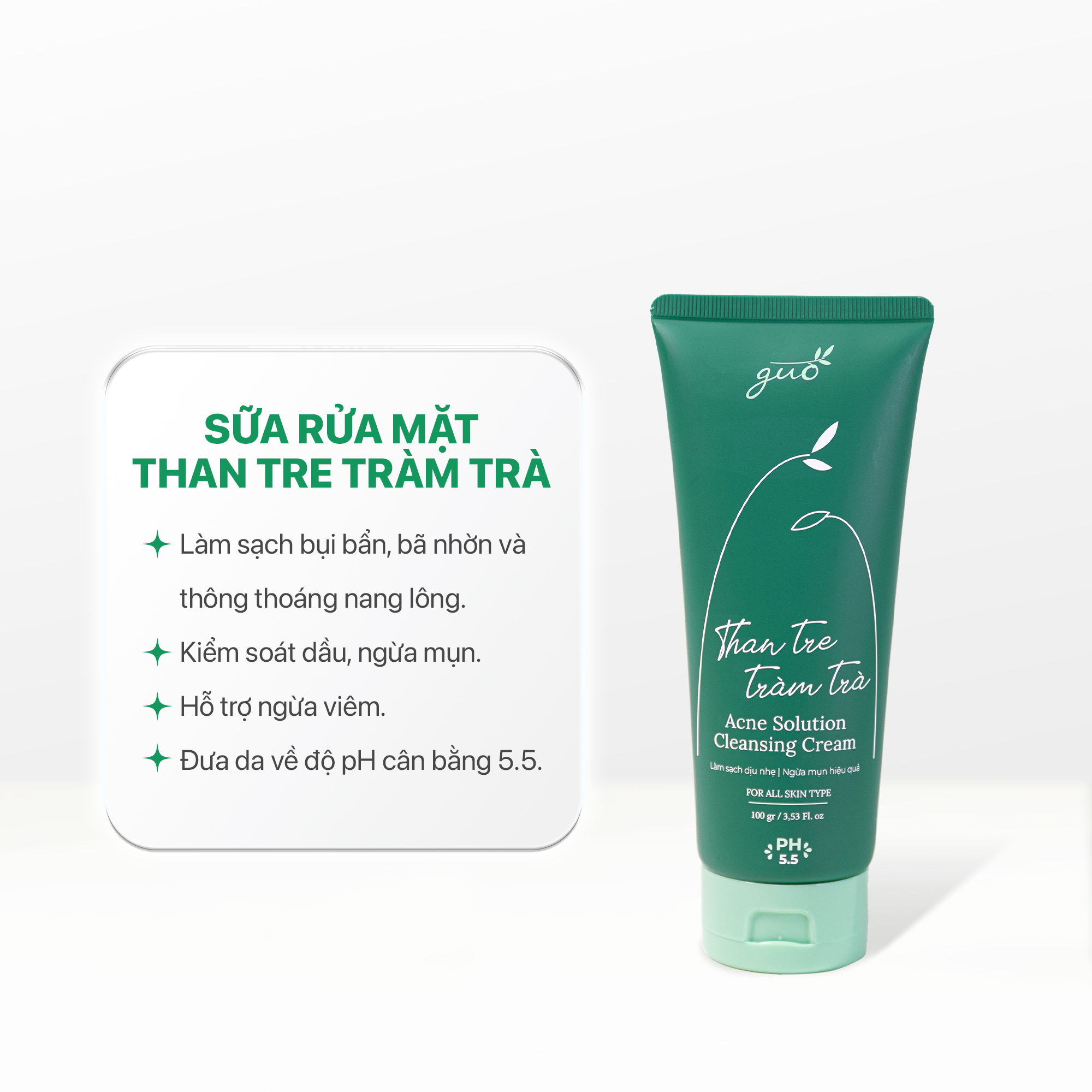 Bộ đôi Sữa rửa mặt [Kiềm dầu 8 tiếng ngừa Mụn không khô da] Sữa rửa mặt than tre tràm trà GUO (2tuýp*100ml)