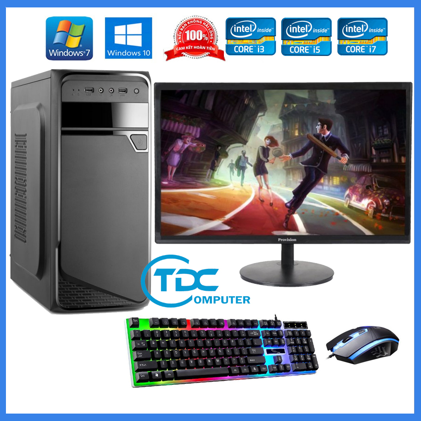 Bộ máy tính để bàn PC Gaming + Màn hình 19 inch Provision Cấu hình core i3, i5 i7 Ram 8GB, SSD 120GB + Quà Tặng bàn phím chuột chuyên Game LED