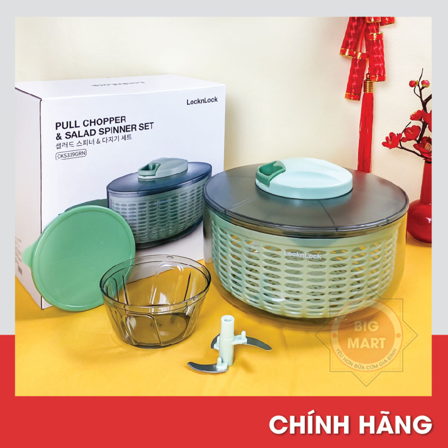 Bộ rổ quay rau tặng kèm dụng cụ băm rau củ quả Lock&lock CKS319 màu Xanh