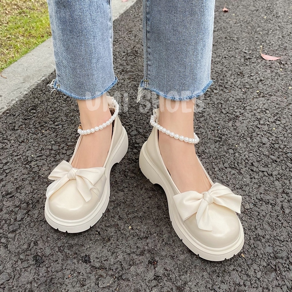 HOT NOWSHIP Giày Lolita Nữ Mary Quai Ngọc Hột Soàn Cài Thời Trang Phối Nơ Màu Đen/Kem Hot Mới Học Sinh Đi Chơi Xinh Đẹp