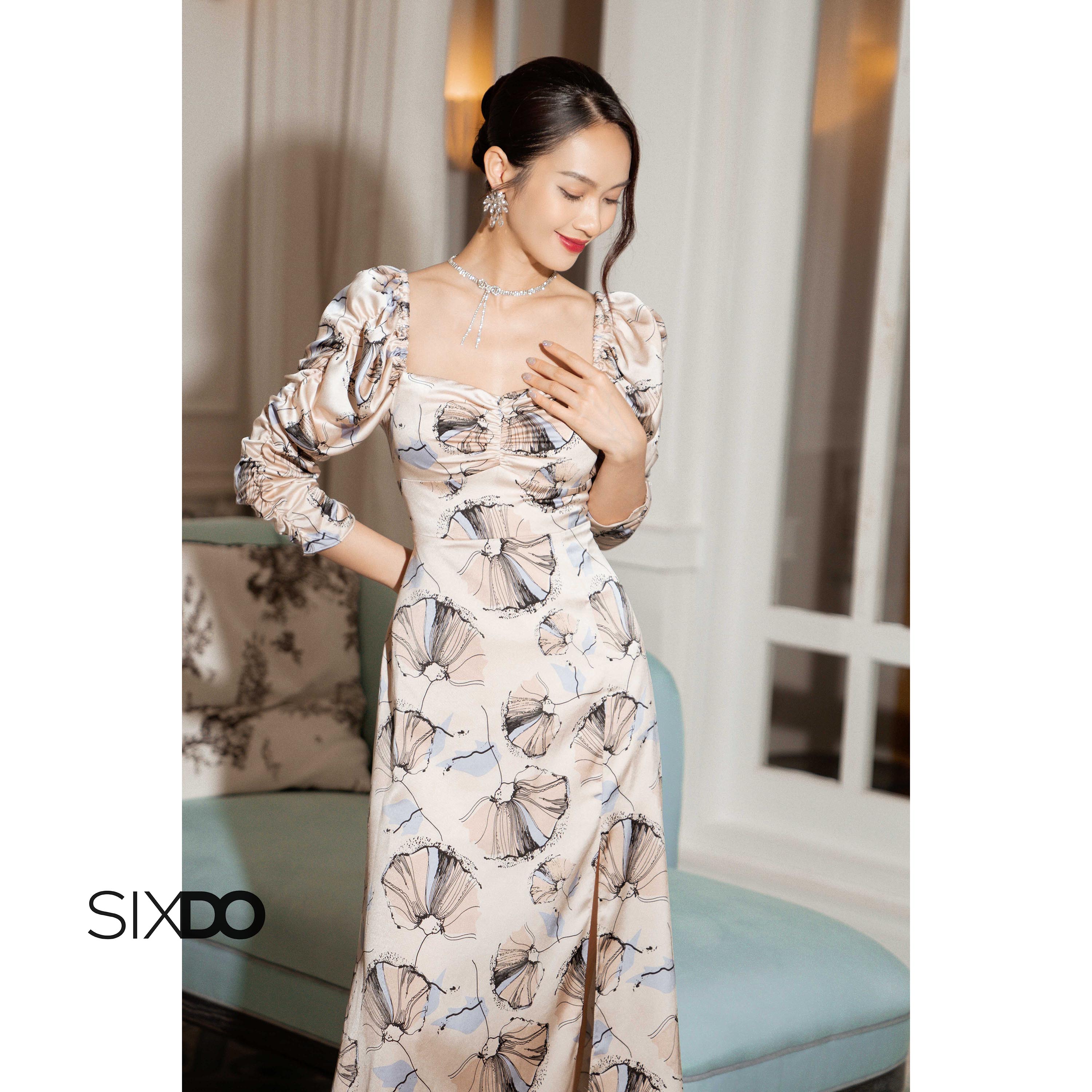 Đầm lụa tay nhúm sixdo