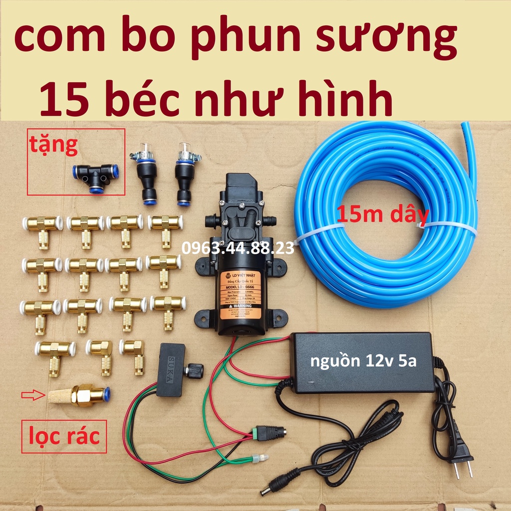 Bộ phun sương làm mát, tưới lan - máy bơm áp lực 12v.