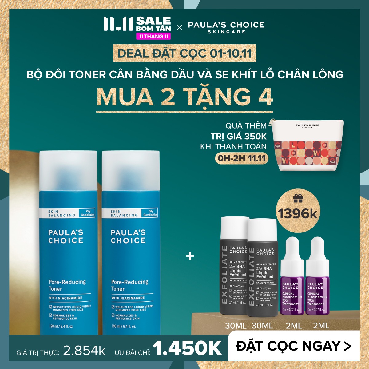 [ƯU ĐÃI ĐẶT CỌC TRƯỚC 01.11-10.11] Bộ 2 toner cân bằng da dầu chứa Niacinamide se khít lỗ chân lông Paula's Choice
