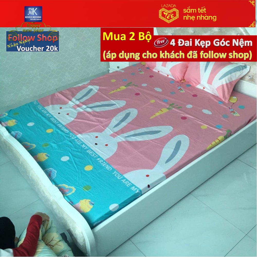 (FreeShip MAX) Bộ Ga Gối Bọc poly Kovico Thỏ Hồng PLC 160x200