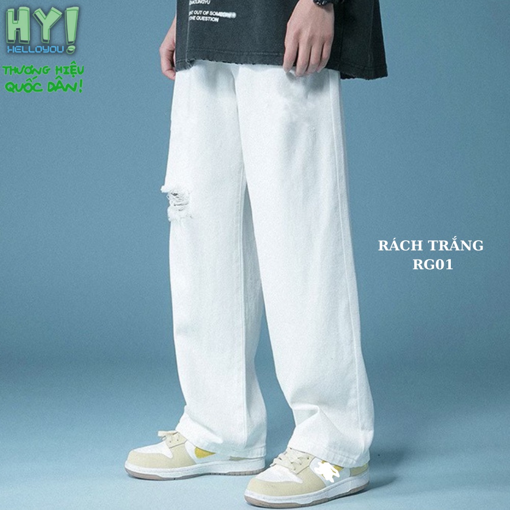 Quần jean baggy nam rách trắng đen 2 gối gấu ống suông rộng chất vải bò cao cấp Ullzang hàn quốc