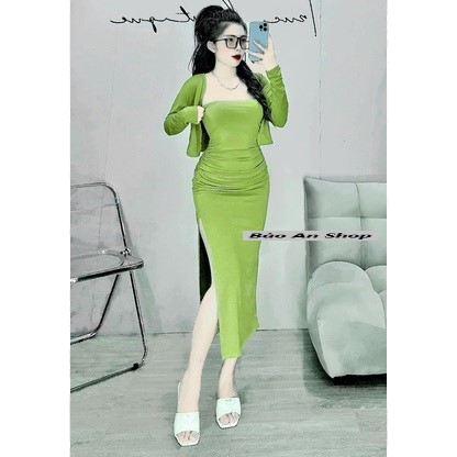 Sét áo khoác + đầm body dây xẻ đùi from dài
