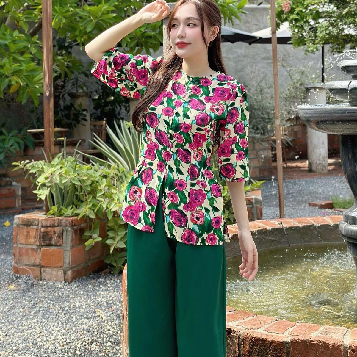 Set Đồ Bà Ba Hoa Trang Nhã Vải Lụa Họa Tiết Hoa Cách Tân