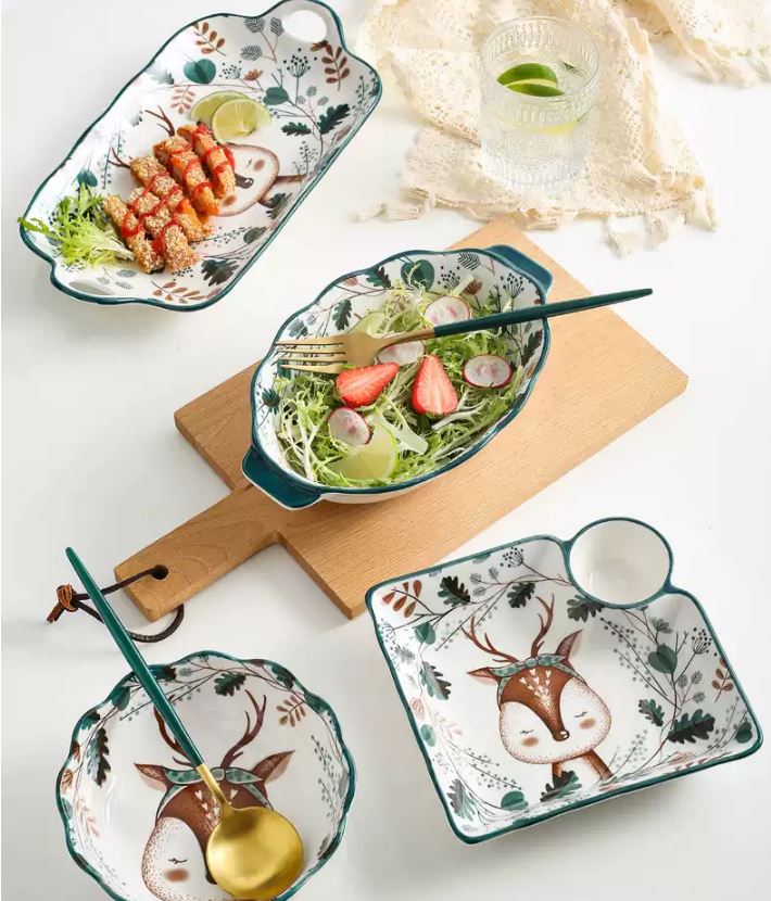 Bộ chén bát ăn cơm, đĩa khay gốm sứ Nai đen decor cao cấp