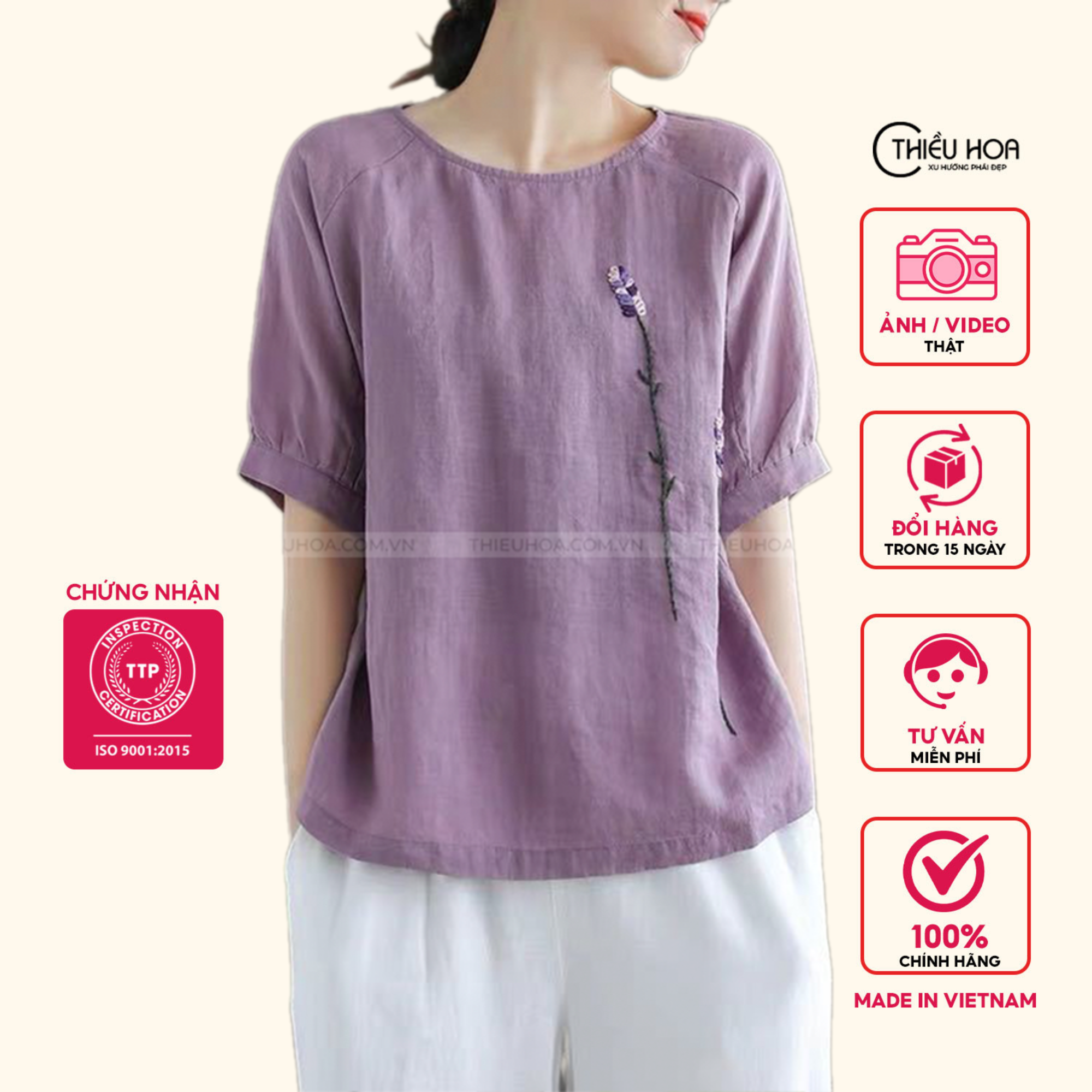 Áo Kiểu Nữ Linen Tay Bồng Thiều Hoa Y969