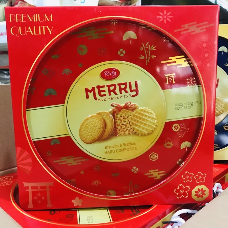 BÁNH HỘP THIẾC MERRY NHẬT BISCUITS & WAFFLES RICHY 333G MÀU XANH + ĐỎ ...
