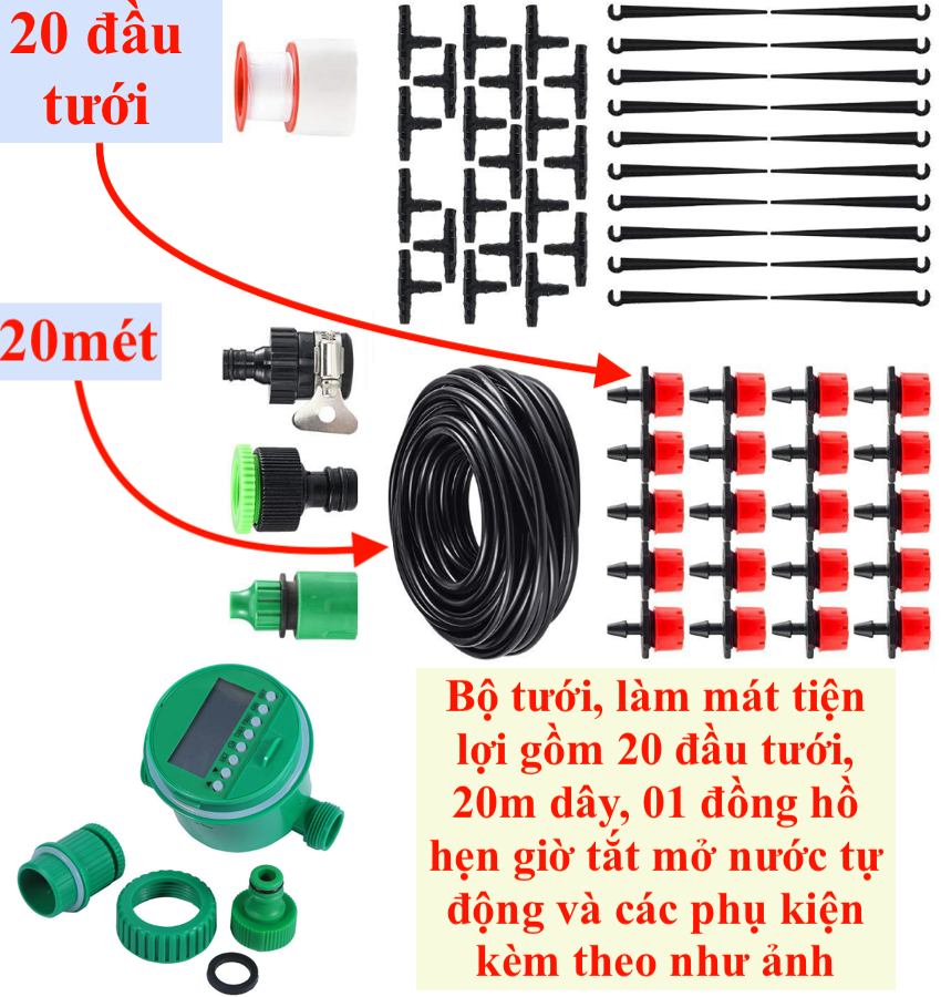 Bộ tưới nước, tưới cây, làm mát tiện lợi tự động gồm 20 đầu tưới phun sương hoặc giọt 8 tia và 20m dây dẫn 01 đồng hồ cùng đầy đủ phụ kiện khác kèm theo. Phù hợp với việc làm vườn, làm nông nghiệp công nghệ cao, tiết kiệm công sức, thời gian.