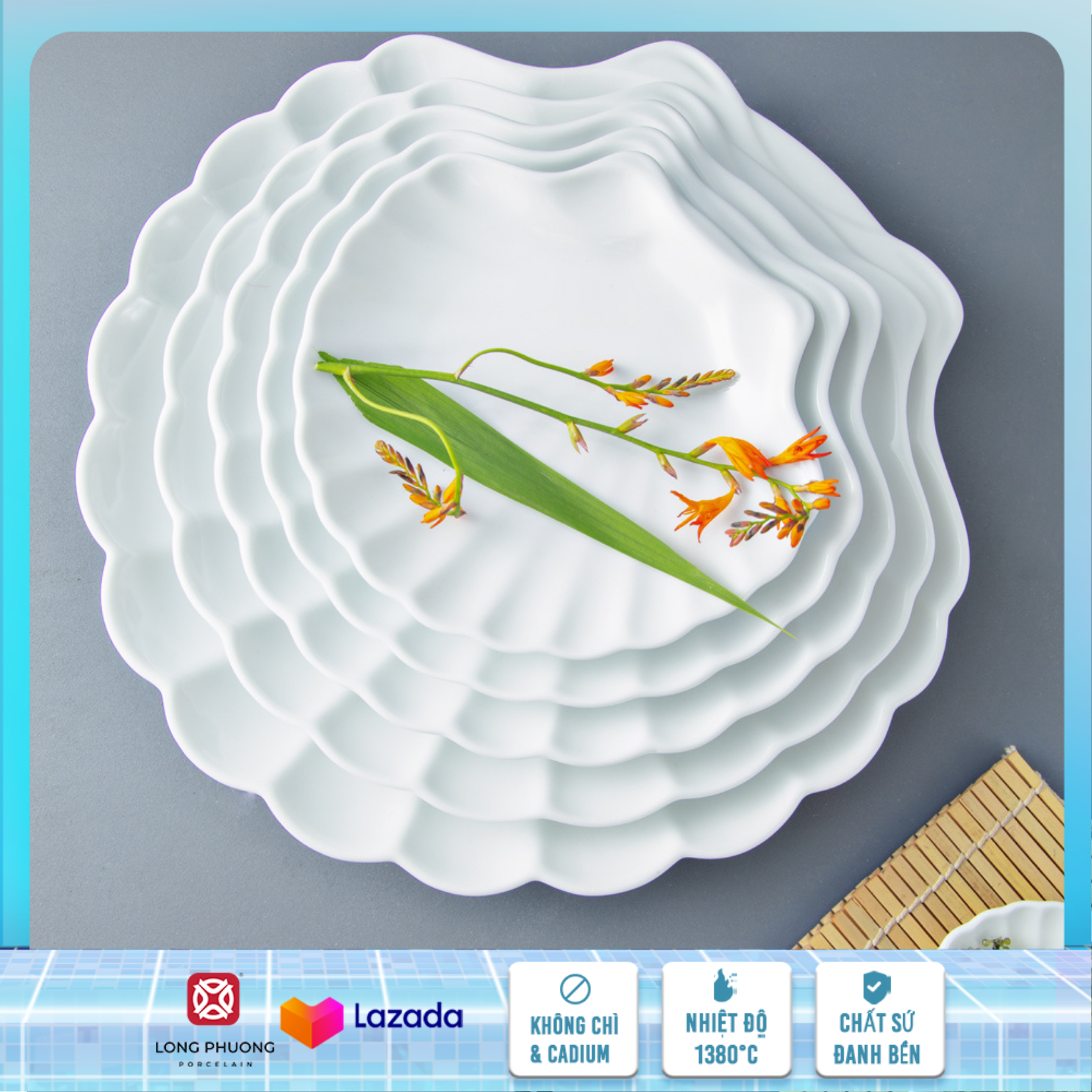 Đĩa sò - đĩa sứ trắng hình vỏ sò, đĩa sứ vỏ sò, đĩa sò sứ bày đồ ăn Long Phương Size Lớn