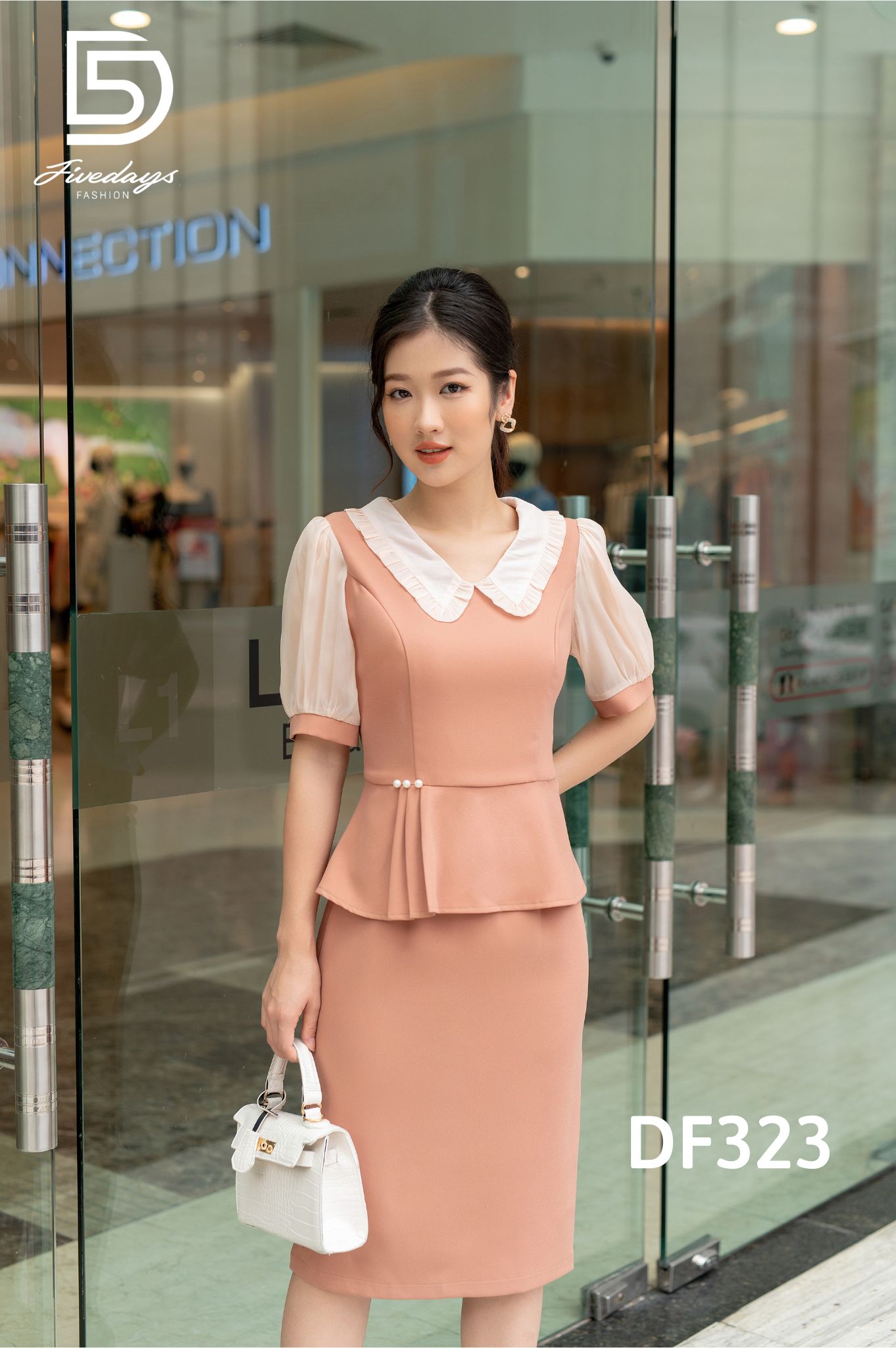 Fivedays - Đầm Peplum cổ sen bèo đính cúc ngọc eo