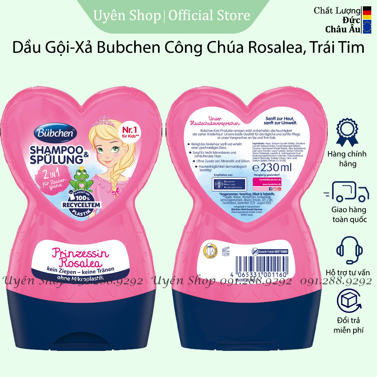 Dầu Gội Xả 2In1 Bubchen Công Chúa Rosalea HÀNG ĐỨC, Giúp tóc Bé Suôn Mượt, Ngát Hương Thơm 230ml