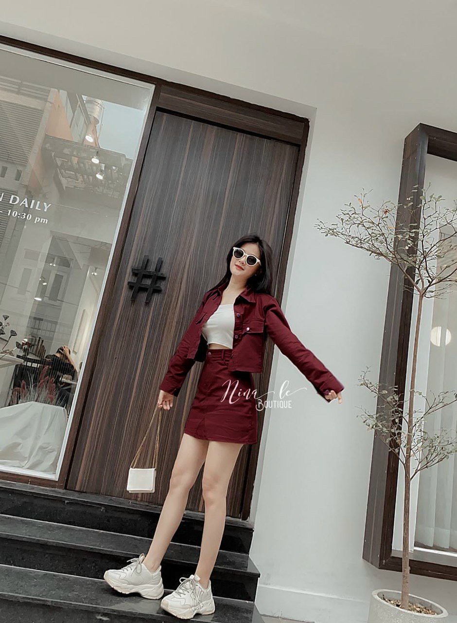 Sét ford 3 món áo khoác nút đóng kèm lót cotton + chân váy xinh xắn