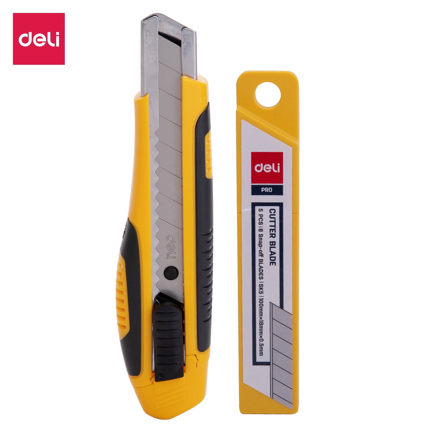 Dao rọc giấy DELI, cao su mềm kèm hộp lưỡi dao, lưỡi 8 mảnh tách rời, vàng - 1 cái - E2068