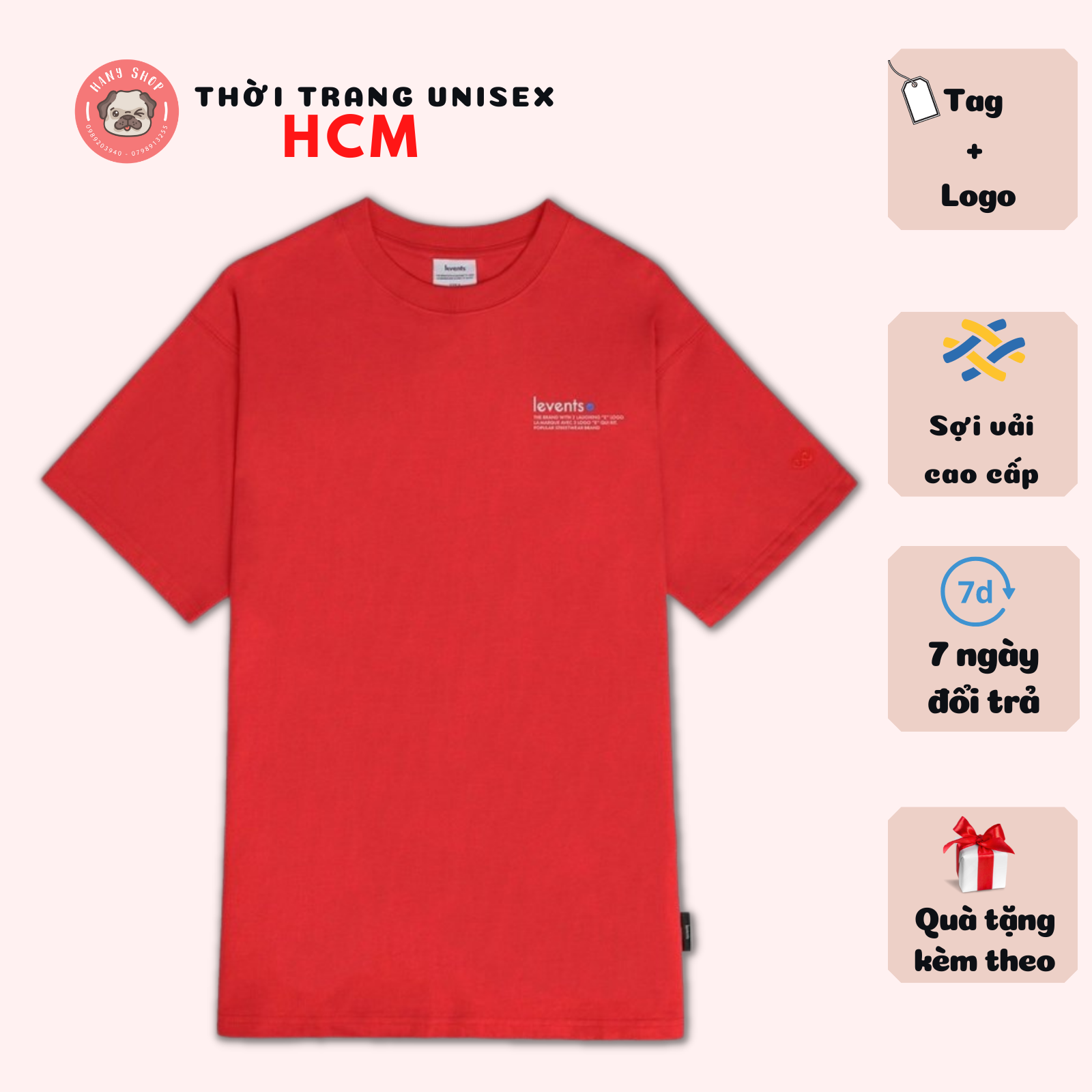 Áo thun Levents Popular Logo 2.0 màu đỏ tay lỡ form rộng 40kg đến 90kg vải cotton dày mịn full tag Thời trang Unisex HCM AL202