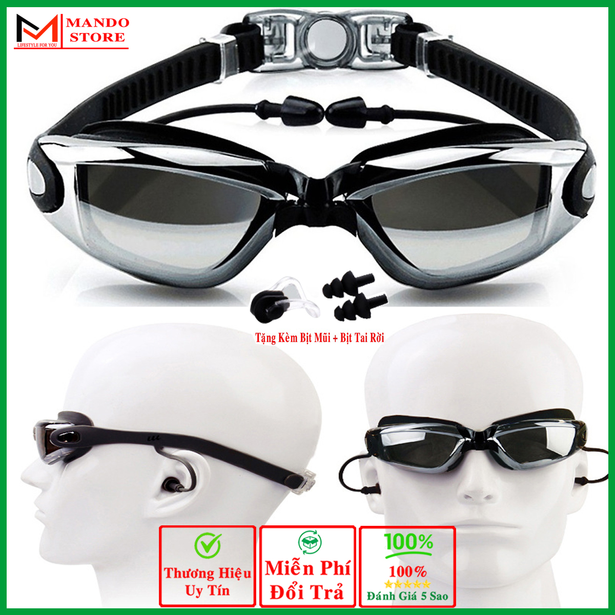 Kính Bơi Thể Thao Tráng Bạc Chống Tia UV - Có Gắn Bịt Tai Liền Với Đai Đeo Chống Nước - Tặng Kèm Bộ Bịt Tai Bịt Mũi Cao Cấp
