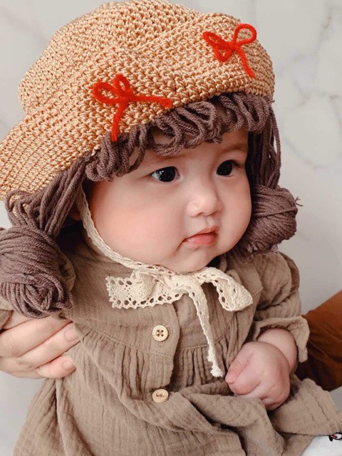 Nón mũ cói vành nơ đỏ tóc búi cho bé - loại đẹp (4-6m)