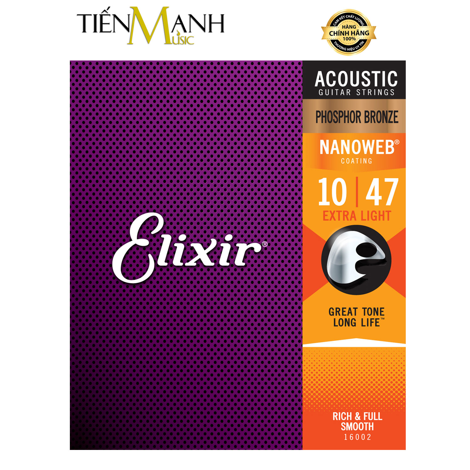 Elixir 16002 - Dây Đàn Acoustic Guitar Cỡ 10 (.010-.047) Phosphor Bronze Strings Extra Light - Hãng phân phối chính thức