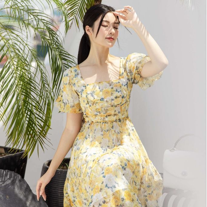 MAIIMER -  Đầm tơ in hoa vàng HEBE