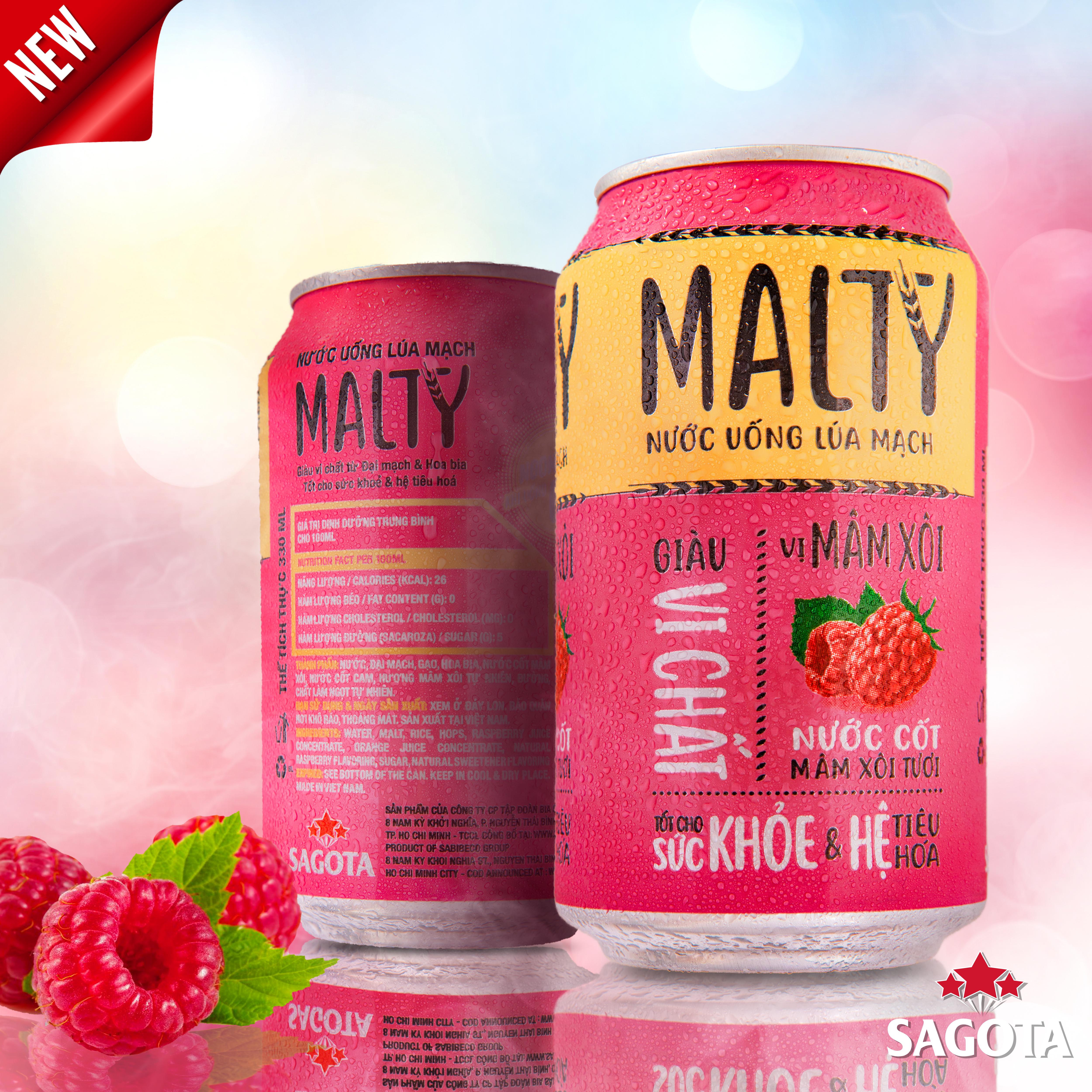 NƯỚC UỐNG LÚA MẠCH MALTY-VỊ MÂM XÔI (THÙNG 24 LON/330ML)