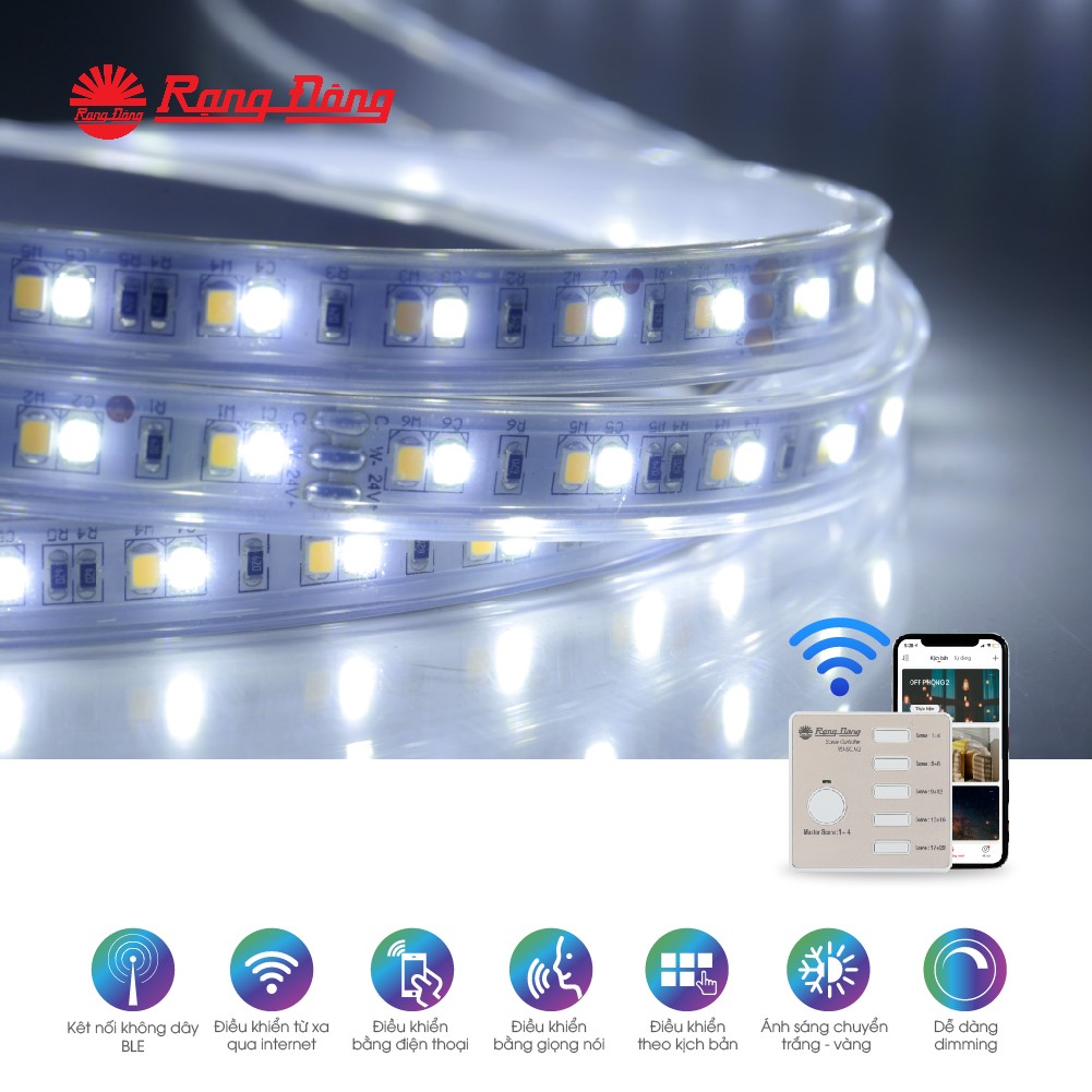 Đèn led dây đổi màu CCT Bluetooth LD01.RF.BLE 1000/7W Chính hãng Rạng Đông Cho dải ánh sáng đẹp Tiết kiệm năng lương Đa màu sắc.