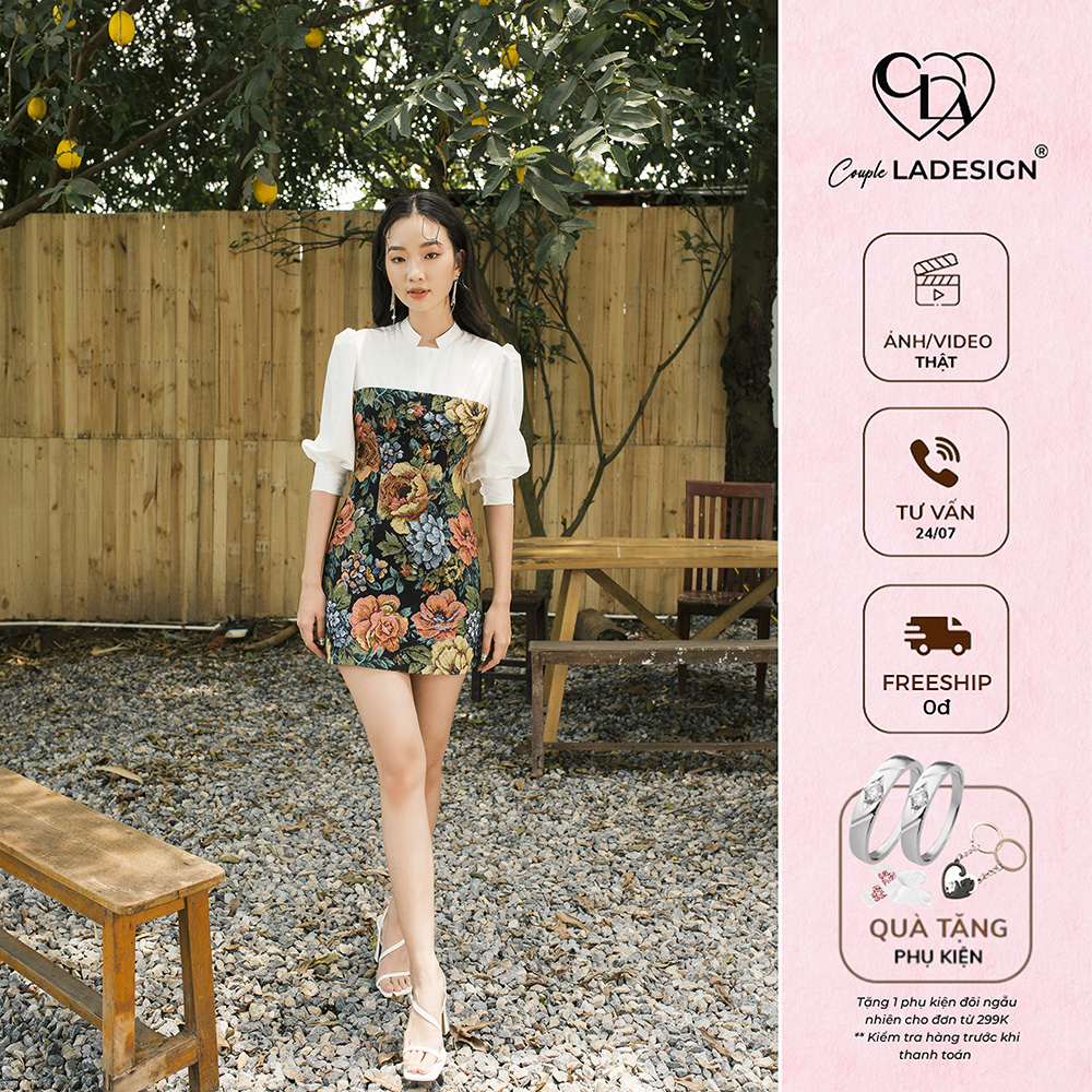 Váy đầm nữ coupleladesign best seller cara dress phối gấm hoa ôm dáng siêu cuốn hút, tiểu thư, sang chảnh