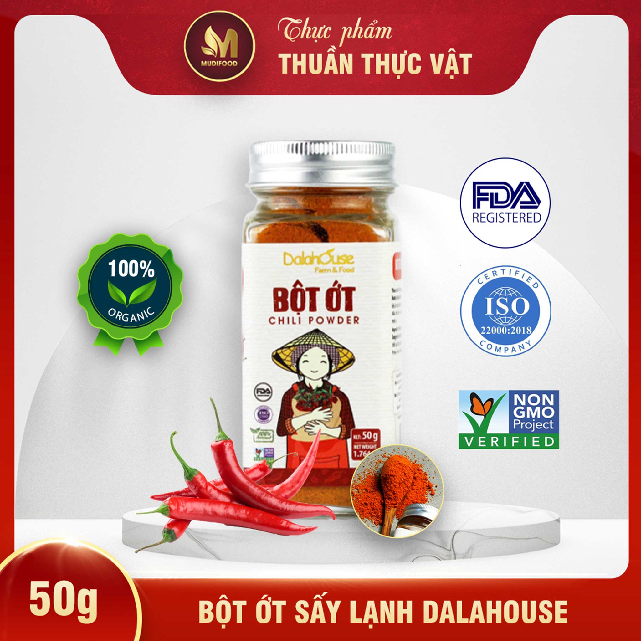 Bột Ớt Hữu Cơ Nguyên Chất Sấy Lạnh Dalahouse