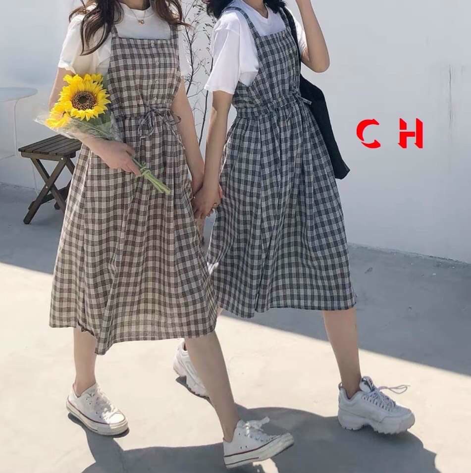 (rẻ vô địch) Sét váy yếm kẻ caro chun eo và áo siêu xinh