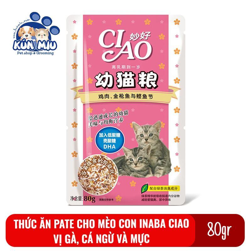 Thức ăn Pate cho mèo con Inaba Ciao gói 80gr Vị Gà, cá ngừ và mực
