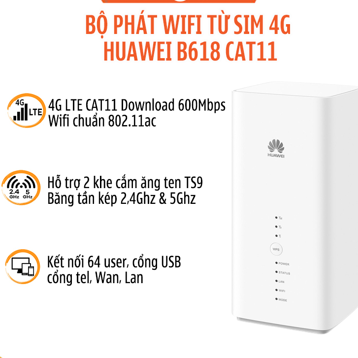 Bộ phát wifi 3g/4g cao cấp huawei b628-265 - tốc độ 600mbps - wifi chuẩn ac 1200mbps. hỗ trợ 64 kết nối