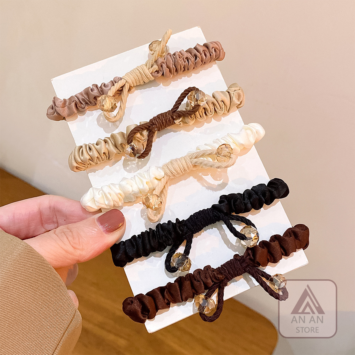 Cột Tóc Scrunchies Vải Satin Dây Nơ Ngọc