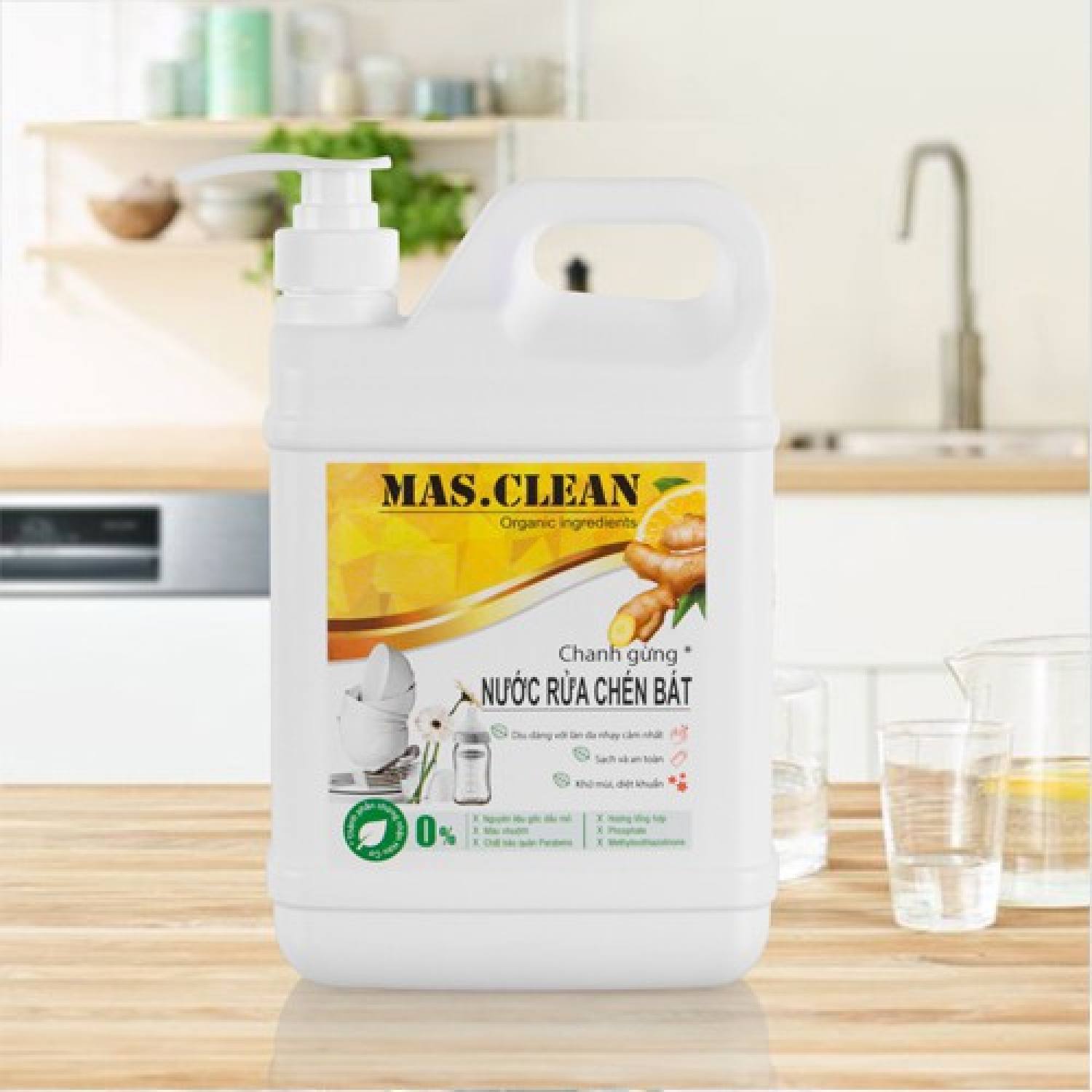 Nước rửa chén hữu cơ Mas.Clean can 3.8L tiết kiệm