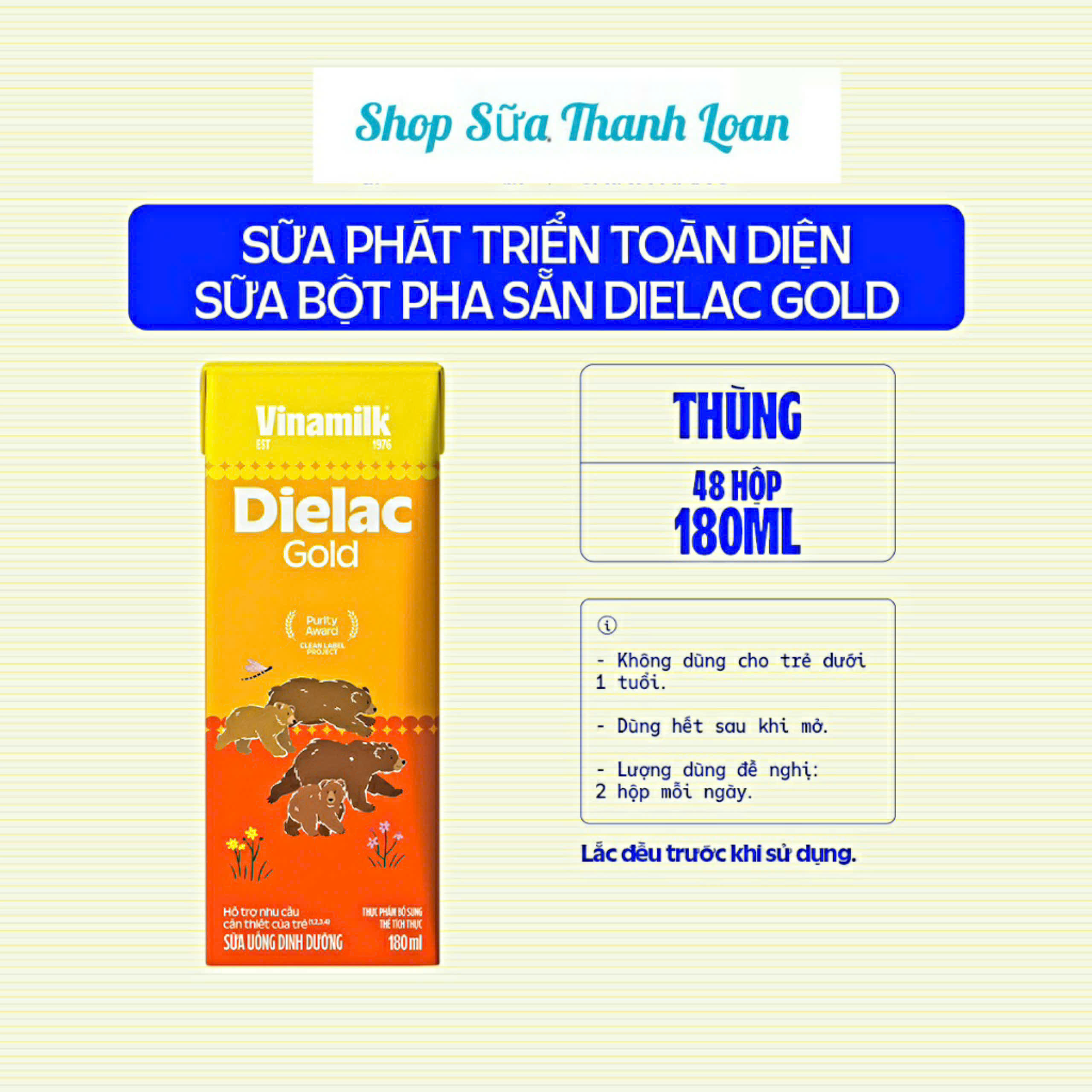 (Có Thẻ Tích Điểm) Thùng 48 Hộp Sữa Bột Pha Sẵn Vinamilk Dielac Gold 180ml.