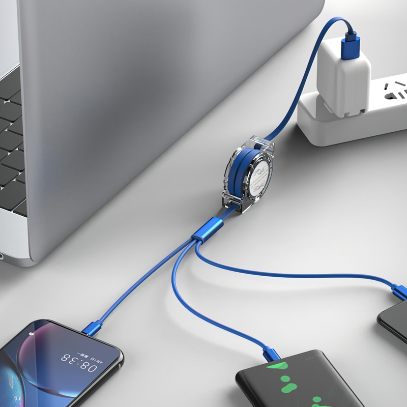 Cáp Sạc 3 Đầu Dài 1m Dây Rút Cổng Lightning, Type-C, Micro Usb
