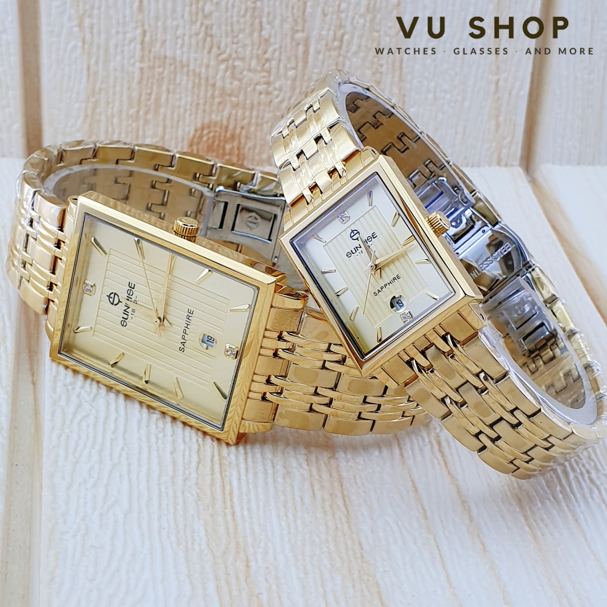 Đồng hồ đôi Sunrise 1190SA Mặt vuông Kính Sapphire Chính hãng