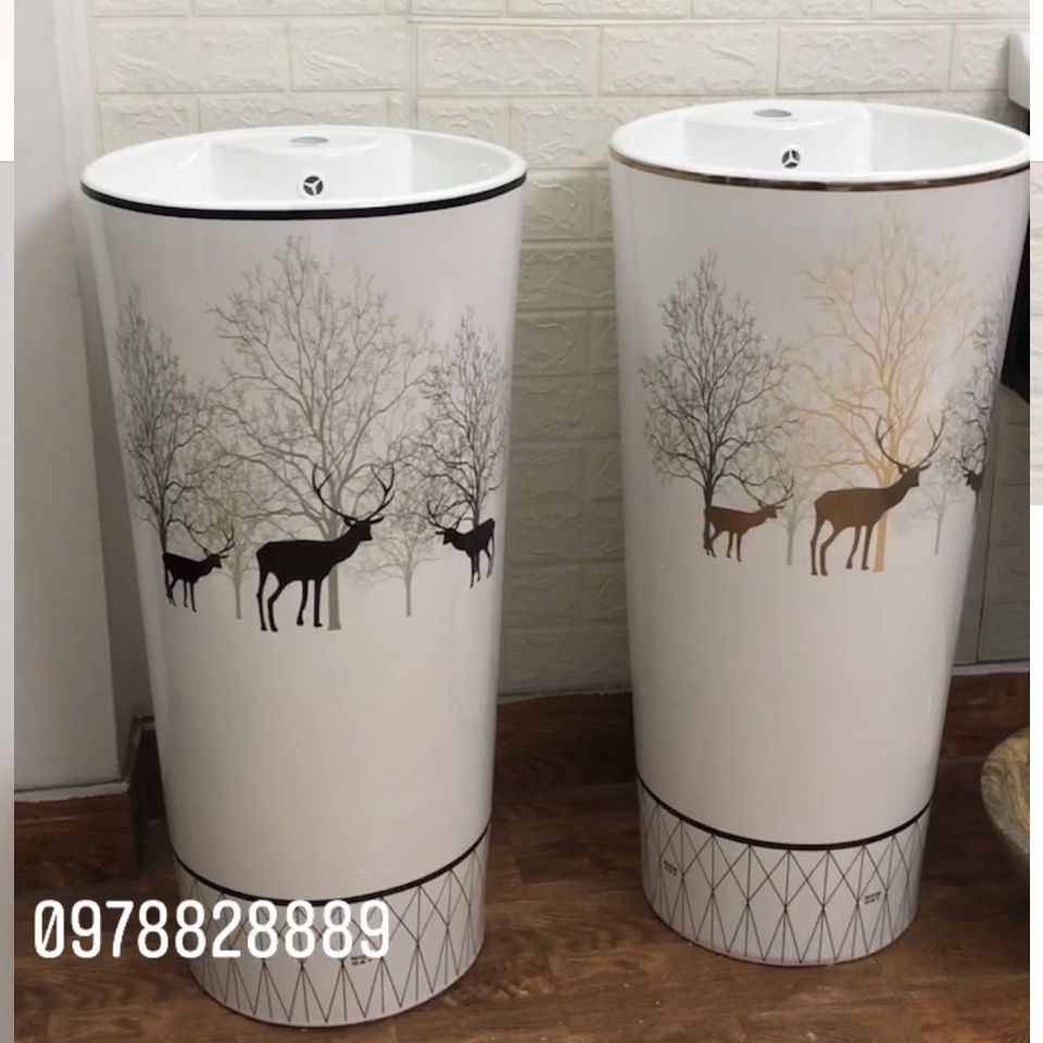 CHẬU RỬA MẶT, LAVABO CHÂN ĐỨNG, TRỤ TRÒN LIỀN KHỐI HÌNH HƯƠU NAI LỘC PHÁT GROVES GRLL0 (41x41x83)